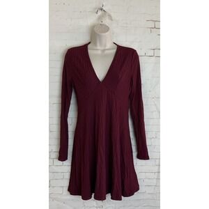 Verdusa Womens Burgundy Long Sleeve V Neck Short Ribbed Skirt Size S‎